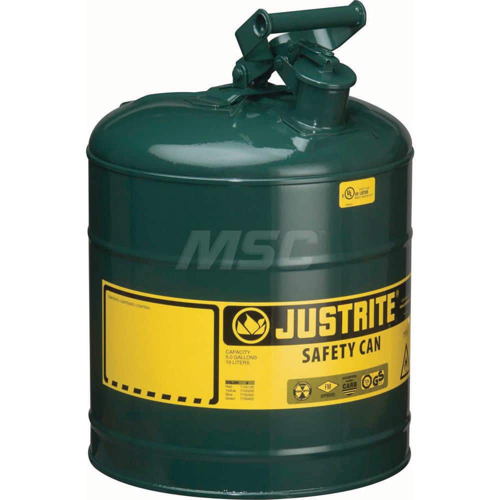 Justrite - Safety Dispensing Cans; Capacity: 5 Gal. ; Material: Steel ; Color: Green ; Height (Decimal Inch): 16.875000 ; Diameter/Length (mm): 11.75 ; Approval Listing/Regulations: FM Approved; UL; ULC; TUV