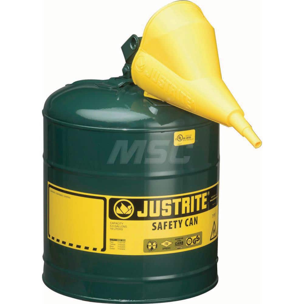 Justrite - Safety Dispensing Cans; Capacity: 5 Gal. ; Material: Steel ; Color: Green ; Height (Decimal Inch): 16.875000 ; Diameter/Length (mm): 11.75 ; Approval Listing/Regulations: FM Approved; UL; ULC; TUV