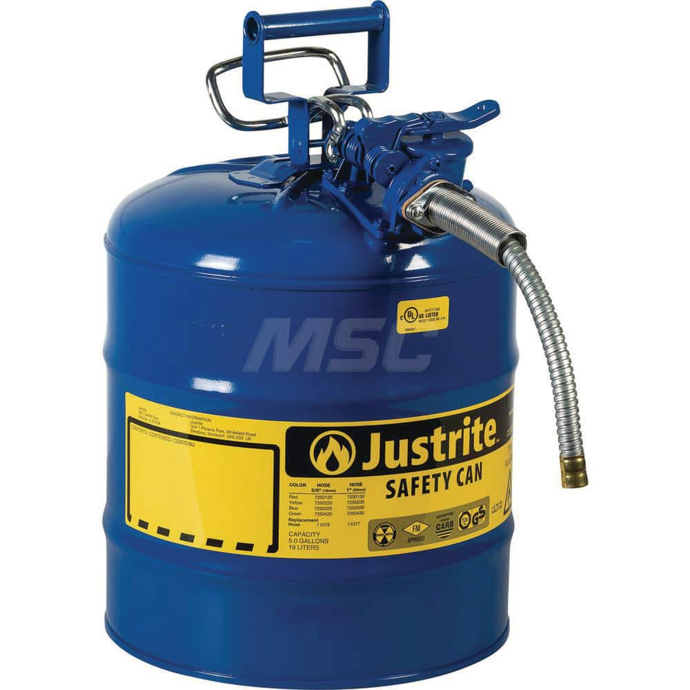 Justrite - Safety Dispensing Cans; Capacity: 5 Gal. ; Material: Steel ; Color: Blue ; Height (Decimal Inch): 17.500000 ; Diameter/Length (mm): 11.75 ; Approval Listing/Regulations: FM Approved; UL; ULC; TUV - Exact Industrial Supply