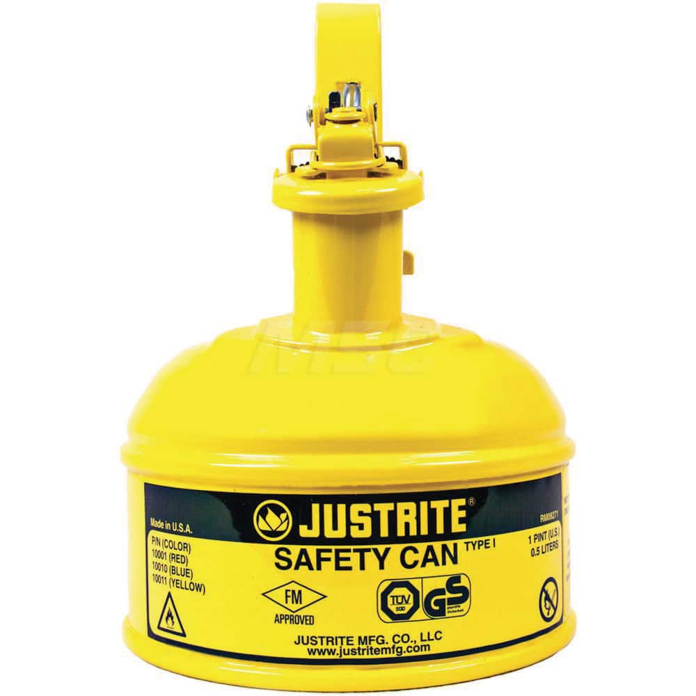 Justrite - Safety Dispensing Cans; Capacity: 1 Qt. ; Material: Steel ; Color: Yellow ; Height (Decimal Inch): 6.750000 ; Diameter/Length (mm): 4.81 ; Approval Listing/Regulations: FM Approved; UL; ULC; TUV