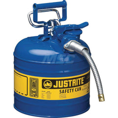 Justrite - Safety Dispensing Cans; Capacity: 2 Gal. ; Material: Steel ; Color: Blue ; Height (Decimal Inch): 13.250000 ; Diameter/Length (mm): 9.50 ; Approval Listing/Regulations: FM Approved; UL; ULC; TUV
