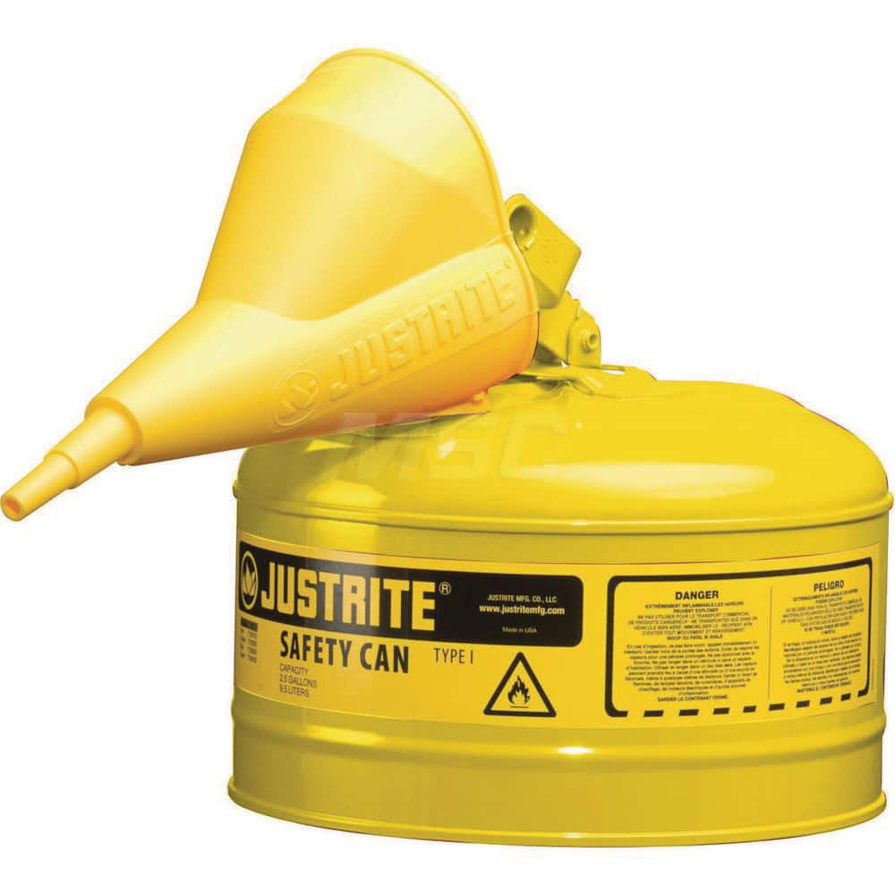 Justrite - Safety Dispensing Cans; Capacity: 2.5 Gal ; Material: Steel ; Color: Yellow ; Height (Decimal Inch): 11.500000 ; Diameter/Length (mm): 11.75 ; Approval Listing/Regulations: FM Approved; UL; ULC; TUV