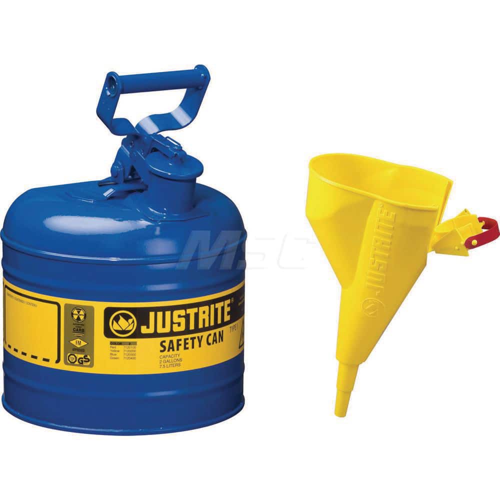 Justrite - Safety Dispensing Cans; Capacity: 2 Gal. ; Material: Steel ; Color: Blue ; Height (Decimal Inch): 13.750000 ; Diameter/Length (mm): 9.50 ; Approval Listing/Regulations: FM Approved; UL; ULC; TUV