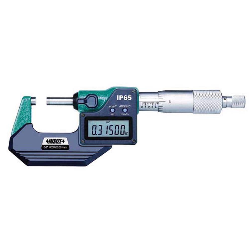 Insize USA LLC - Electronic Outside Micrometers; Type: Standard ; Minimum Measurement (Decimal Inch): 0.0000 ; Minimum Measurement (mm): 0.00 ; Maximum Measurement (mm): 25.00 ; Maximum Measurement (Decimal Inch): 1.0000 ; Thimble Type: Ratchet Stop - Exact Industrial Supply