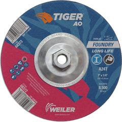 Depressed Center Wheel: Type 27, 7″ Dia, 1/4″ Thick, Aluminum Oxide 24 Grit, Resinoid, 8,500 Max RPM, Use with High Frequency Grinder, Right Angle Grinder & Air Grinder