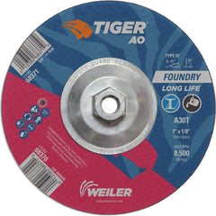 Depressed Center Wheel: Type 27, 7″ Dia, 1/8″ Thick, Aluminum Oxide 30 Grit, Resinoid, 8,500 Max RPM, Use with High Frequency Grinder, Right Angle Grinder & Air Grinder