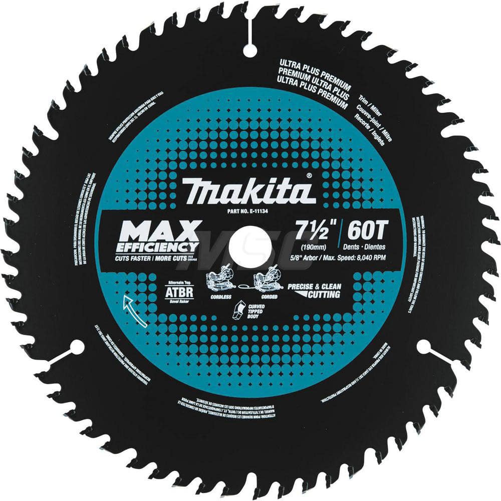 Wet & Dry Cut Saw Blade: 7-1/2″ Dia, 5/8″ Arbor Hole, 0.073″ Kerf Width, 60 Teeth Solid Carbide Teeth, Use on Wood & Plywood, Round Arbor