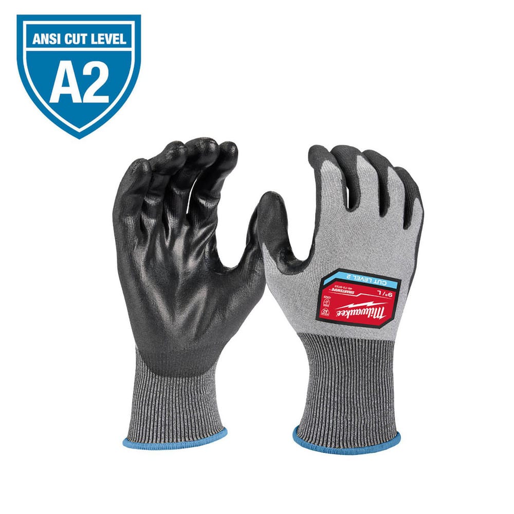Puncture-Resistant Gloves:  Size  Medium,  ANSI Cut  A2,  ANSI Puncture  0,  Polyurethane,  Polyester, Polyethylene & Nitrile Black & Gray,  Palm & Fingers Coated,  Nitrile Lined,  Polyester Back,  Polyurethane Grip,  ANSI Abrasion  Not Tested