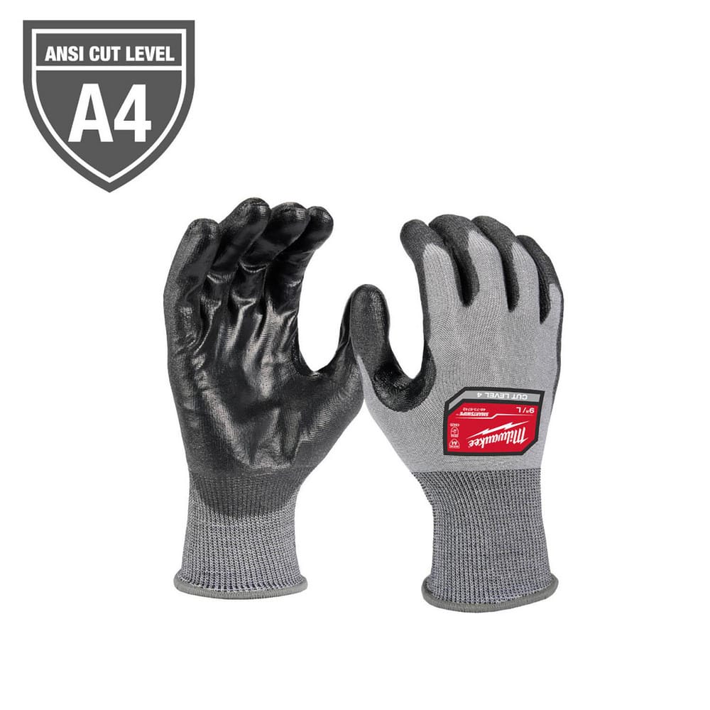 Puncture-Resistant Gloves:  Size  Medium,  ANSI Cut  A4,  ANSI Puncture  0,  Polyurethane,  Polyester, Polyethylene & Nitrile Black & Gray,  Palm & Fingers Coated,  Nitrile Lined,  Polyester Back,  Polyurethane Grip,  ANSI Abrasion  Not Tested
