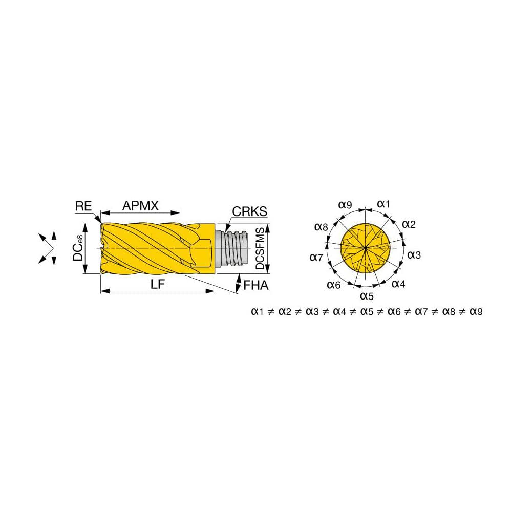 Corner Radius End Mill Head: 9 Flutes S10, TiAlN Coated, Series VED