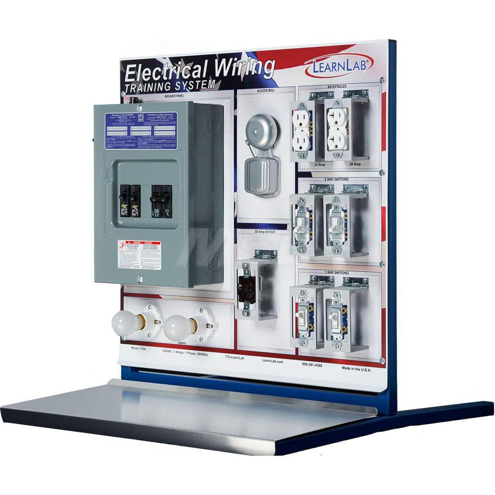 Electrical Training Systems; Type: Electrical Wiring; Electrical Bugging; Includes: 2 Std Electrical Outlet Receptacles; 2 3-Way Std Electrical Switches; 2 Std Light Bulbs with Wiring Base; 1 Std Electrical Enclosure Unit with 15A, 20A & 30A Breakers; USB