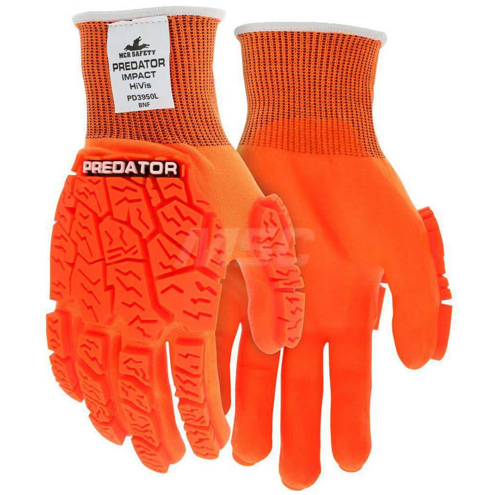 Cut, Puncture & Abrasive-Resistant Gloves: Size L, ANSI Cut A1, ANSI Puncture 2, Nitrile, Nylon Knit Orange, Palm Coated, Tire Tread Thermoplastic Elastomer Back, Nitrile Dipped Grip, ANSI Abrasion 4