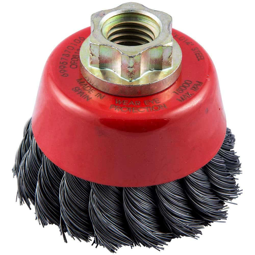 Cup Brush: 2-3/4″ Dia, 0.014″ Wire Dia, Carbon Steel, Knotted 5/8-11 Arbor Hole, 3/4″ Trim Length, 14,000 Max RPM