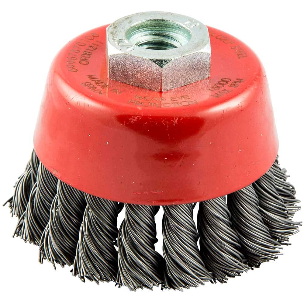 Cup Brush: 2-3/4″ Dia, 0.02″ Wire Dia, Carbon Steel, Knotted 1/2-13 Arbor Hole, 3/4″ Trim Length, 14,000 Max RPM