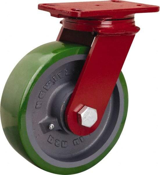 Hamilton - 8" Diam x 2-1/2" Wide x 10-1/8" OAH Top Plate Mount Swivel Caster - Polyurethane Mold onto Cast Iron Center, 2,000 Lb Capacity, Tapered Roller Bearing, 4-1/2 x 6-1/2" Plate - Exact Industrial Supply