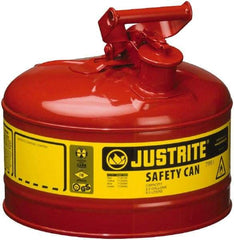Justrite - 2.5 Gal Galvanized Steel Type I Safety Can - 11-1/2" High x 11-3/4" Diam, Red with Yellow - Exact Industrial Supply