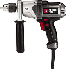 Porter-Cable - 1/2" Keyed Chuck, 800 RPM, Pistol Grip Handle Electric Drill - 7 Amps, 120 Volts, Reversible, Includes Side Handle & Chuck Key with Holder - Exact Industrial Supply