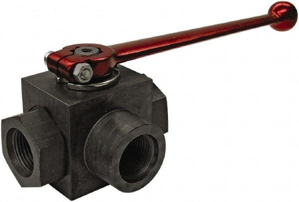 HYDAC - 3/4" Pipe, Full Port, Carbon Steel Full Port Ball Valve - Three Way, SAE Ends, Straight Handle, 6,000 WOG - Exact Industrial Supply