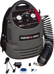 Porter-Cable - 0.8 hp, 2 CFM at 90 psi Hand Carry Compressor - 1.5 Gallon Tank, 10 Amp, 150 Max psi, 120V - Exact Industrial Supply