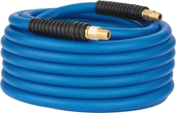 PRO-SOURCE - 3/8" ID x 0.6102" OD 50' Long Multipurpose Air Hose - MNPT(Swivel) x MNPT(Swivel) Ends, 300 Working psi, -40 to 176°F, 1/4" Fitting, Transparent Blue - Exact Industrial Supply