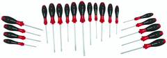 20 Piece - SoftFinish® Cushion Grip Screwdriver Set - #30299 - Includes: Slotted 3.0 - 8.0mm Phillips #0 - 2 Square # 1 - 3 PoziDriv #1 - 2 Torx® T6 - T30 - Exact Industrial Supply
