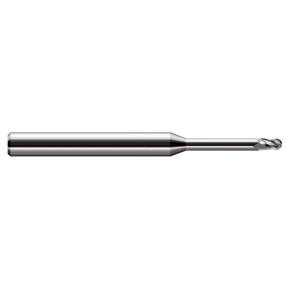 Ball End Mill: 0.062″ Dia, 0.093″ LOC, 3 Flute, Solid Carbide 2-1/2″ OAL, 1/8″ Shank Dia, 30 ° Helix, Uncoated, Single End