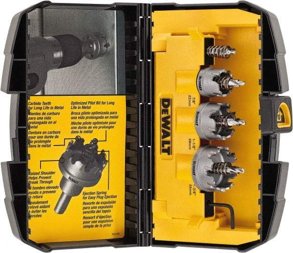 DeWALT - 5 Piece, 7/8" to 1-3/8" Saw Diam, Hole Saw Kit - Carbide-Tipped, Toothed Edge, Includes 3 Hole Saws - Exact Industrial Supply