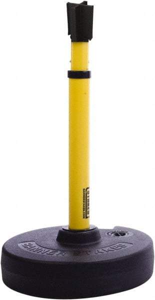 Banner Stakes - 22 to 42" High, 2-3/8" Pole Diam, Barrier Post Base, Stanchion & Receiver Head - 9" Base Diam, Round Nylon Base, Yellow Plastic Post, 15' x 2-1/2" Tape, For Outdoor Use - Exact Industrial Supply