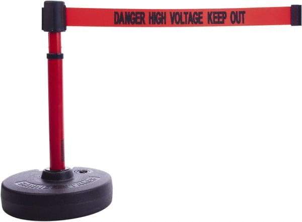 Banner Stakes - 22 to 42" High, 2-3/8" Pole Diam, Barrier Post Base & Stanchion - 9" Base Diam, Round Nylon Base, Red Plastic Post, 15' x 2-1/2" Tape, For Outdoor Use - Exact Industrial Supply