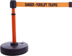 Banner Stakes - 22 to 42" High, 2-3/8" Pole Diam, Barrier Post Base & Stanchion - 9" Base Diam, Round Nylon Base, Orange Plastic Post, 15' x 2-1/2" Tape, For Outdoor Use - Exact Industrial Supply