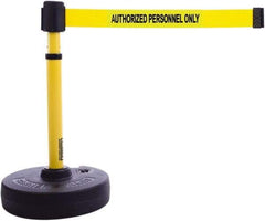 Banner Stakes - 22 to 42" High, 2-3/8" Pole Diam, Barrier Post Base & Stanchion - 9" Base Diam, Round Nylon Base, Yellow Plastic Post, 15' x 2-1/2" Tape, For Outdoor Use - Exact Industrial Supply