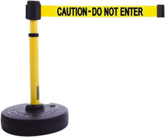 Banner Stakes - 22 to 42" High, 2-3/8" Pole Diam, Barrier Post Base & Stanchion - 9" Base Diam, Round Nylon Base, Yellow Plastic Post, 15' x 2-1/2" Tape, For Outdoor Use - Exact Industrial Supply