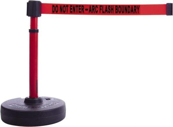 Banner Stakes - 22 to 42" High, 2-3/8" Pole Diam, Barrier Post Base & Stanchion - 9" Base Diam, Round Nylon Base, Red Plastic Post, 15' x 2-1/2" Tape, For Outdoor Use - Exact Industrial Supply