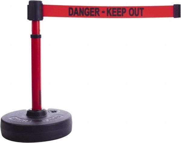 Banner Stakes - 22 to 42" High, 2-3/8" Pole Diam, Barrier Post Base & Stanchion - 9" Base Diam, Round Nylon Base, Red Plastic Post, 15' x 2-1/2" Tape, For Outdoor Use - Exact Industrial Supply
