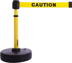 Banner Stakes - 22 to 42" High, 2-3/8" Pole Diam, Barrier Post Base & Stanchion - 9" Base Diam, Round Nylon Base, Yellow Plastic Post, 15' x 2-1/2" Tape, For Outdoor Use - Exact Industrial Supply