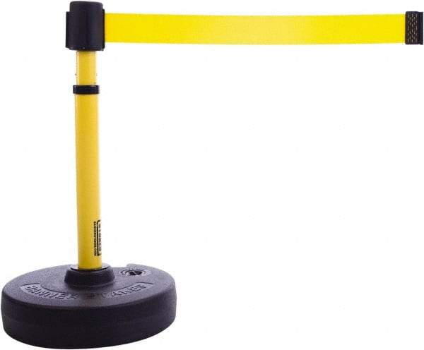 Banner Stakes - 22 to 42" High, 2-3/8" Pole Diam, Barrier Post Base & Stanchion - 9" Base Diam, Round Nylon Base, Yellow Plastic Post, 15' x 2-1/2" Tape, For Outdoor Use - Exact Industrial Supply