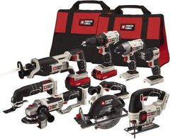 Porter-Cable - 20 Volt Cordless Tool Combination Kit - Includes 1/2" Drill/Driver, 1/4" Impact Driver, 6-1/2" Circular Saw, Reciprocating Tiger Saw, Jig Saw, Oscillating Multi-Tool, Cut-Off Tool/Grinder & Flashlight, Lithium-Ion Battery Included - Exact Industrial Supply