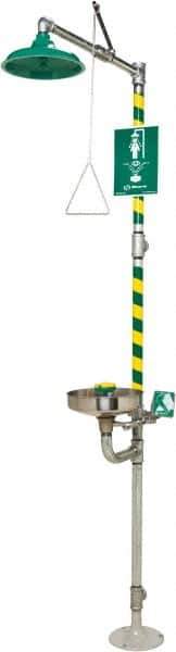 Haws - 1-1/4" Inlet, 20 GPM shower Flow, Drench shower, Eye & Face Wash Station - Bowl, Triangular Pull Rod & Push Flag Activated, Galvanized Steel Pipe, Plastic Shower Head, 3.7 GPM Bowl Flow, Inline Strainer, Top or Mid Supply - Exact Industrial Supply