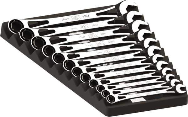 SK - 12 Piece, 8mm to 19mm, 6 Point Ratcheting Combination Wrench Set - Metric Measurement Standard, Full Polish Chrome Finish, Comes in Plastic Tray - Exact Industrial Supply
