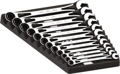 SK - 12 Piece, 8mm to 19mm, 6 Point Ratcheting Combination Wrench Set - Metric Measurement Standard, Full Polish Chrome Finish, Comes in Plastic Tray - Exact Industrial Supply