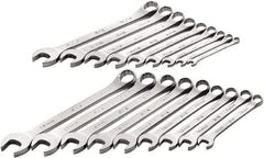 SK - 18 Piece, 1/4" to 3/4" (10mm to 18mm), 12 Point Combination Wrench Set - Inch/Metric Measurement Standard, Full Polish Chrome Finish, Comes in Roll-Up Pouch - Exact Industrial Supply