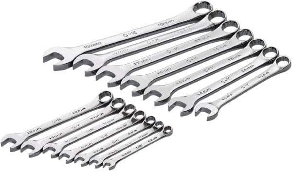 SK - 14 Piece, 6mm to 19mm, 12 Point Combination Wrench Set - Metric Measurement Standard, Full Polish Chrome Finish, Comes in Roll-Up Pouch - Exact Industrial Supply