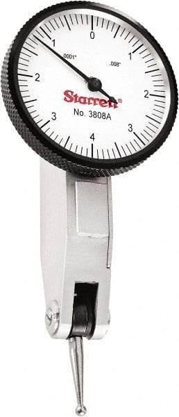 Starrett - 0.008 Inch Range, 0.0001 Inch Dial Graduation, Horizontal Dial Test Indicator - 1-1/4 Inch White Dial, 0-4-0 Dial Reading - Exact Industrial Supply