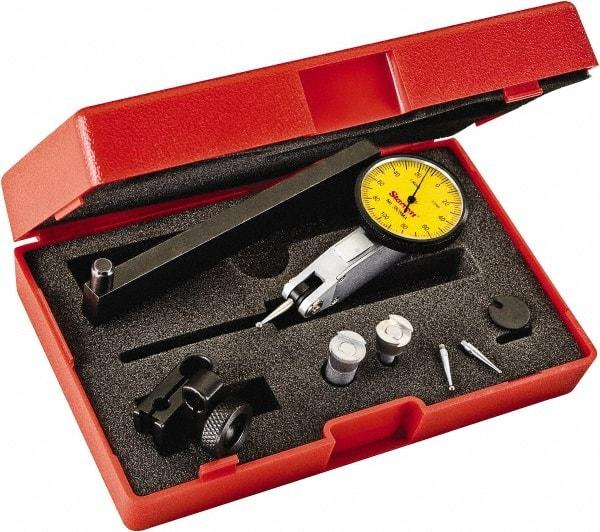 Starrett - 0.2 mm Range, 0.002 mm Dial Graduation, Horizontal Dial Test Indicator - 1-1/4 Inch Yellow Dial, 0-100-0 Dial Reading - Exact Industrial Supply
