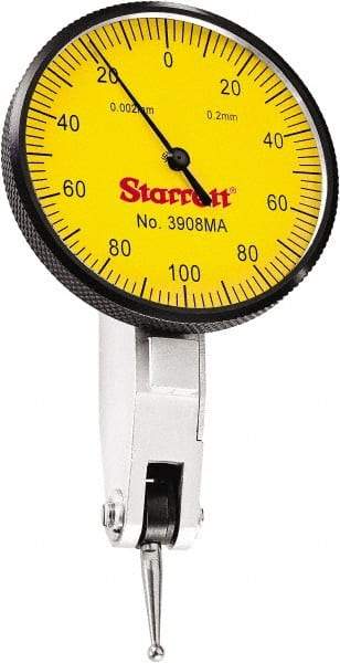 Starrett - 0.2 mm Range, 0.002 mm Dial Graduation, Horizontal Dial Test Indicator - 1-9/16 Inch Yellow Dial, 0-100-0 Dial Reading - Exact Industrial Supply