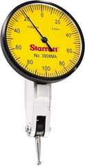 Starrett - 0.2 mm Range, 0.002 mm Dial Graduation, Horizontal Dial Test Indicator - 1-9/16 Inch Yellow Dial, 0-100-0 Dial Reading - Exact Industrial Supply
