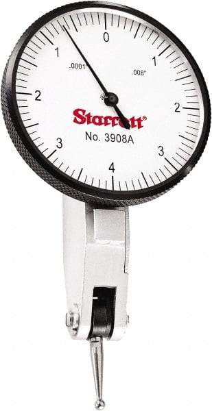 Starrett - 0.008 Inch Range, 0.0001 Inch Dial Graduation, Horizontal Dial Test Indicator - 1-9/16 Inch White Dial, 0-4-0 Dial Reading - Exact Industrial Supply