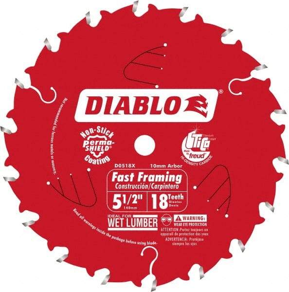 Freud - 5-1/2" Diam, 10mm Arbor Hole Diam, 18 Tooth Wet & Dry Cut Saw Blade - Carbide-Tipped, Framing Action, Standard Round Arbor - Exact Industrial Supply