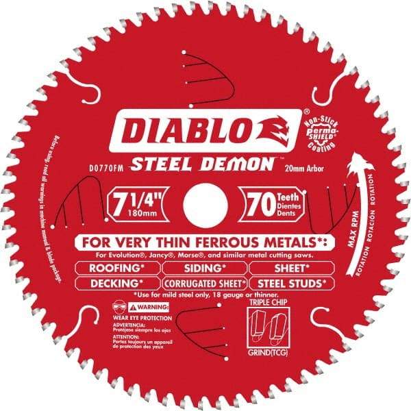 Freud - 7-1/4" Diam, 20mm Arbor Hole Diam, 70 Tooth Wet & Dry Cut Saw Blade - Carbide-Tipped, Burr-Free Action, Standard Round Arbor - Exact Industrial Supply