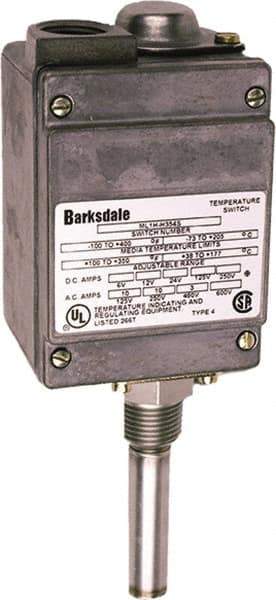 Barksdale - 50 to 300°F Bi-Metal Compact Switch - 1/2" NPT, 11/16 x 1-1/2 Rigid Stem, Brass, ±10°F - Exact Industrial Supply